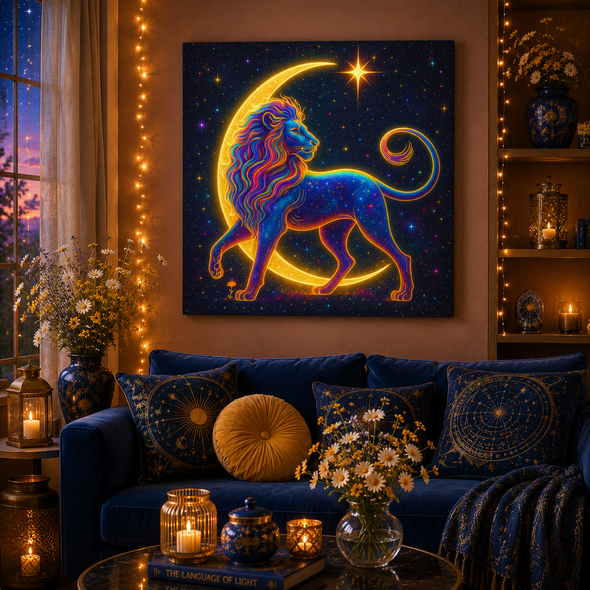 Radiant Rainbow Lion – Celestial Canvas Wall Art (Leo Inspired)