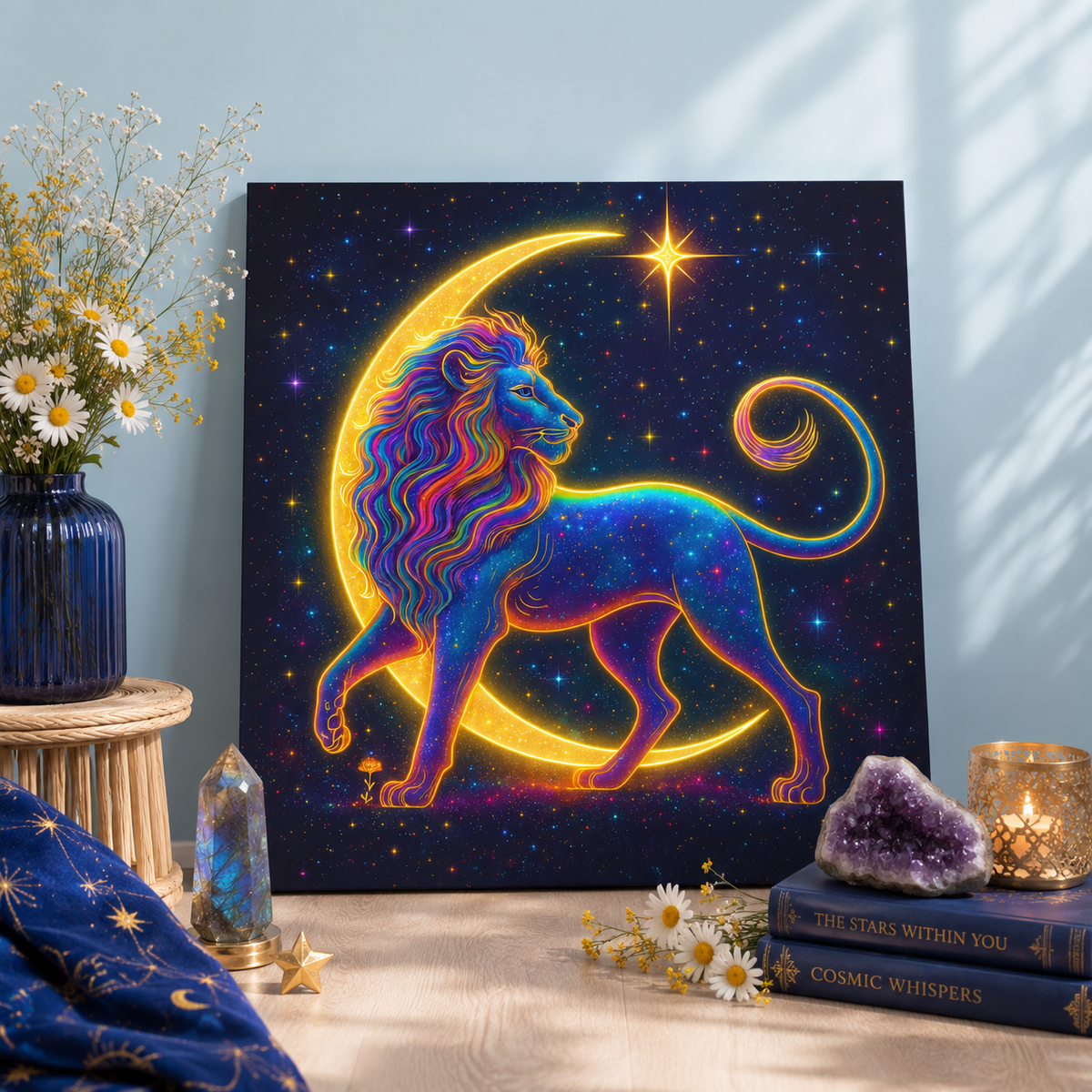 Radiant Rainbow Lion – Celestial Canvas Wall Art (Leo Inspired)