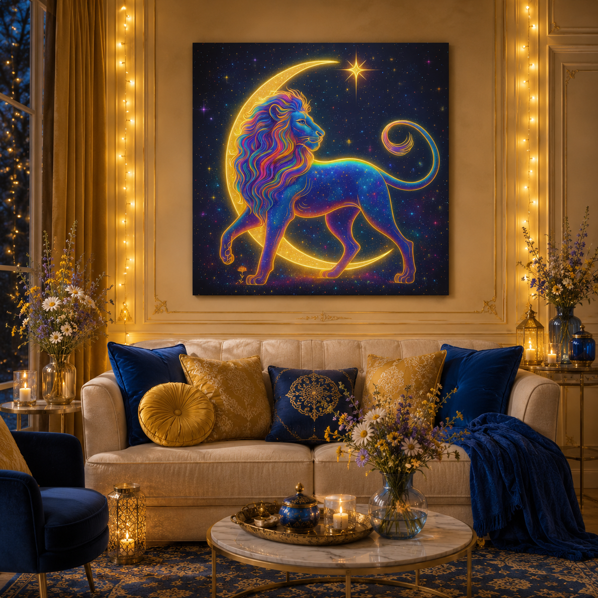 Radiant Rainbow Lion – Celestial Canvas Wall Art (Leo Inspired)