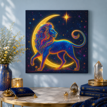 Radiant Rainbow Lion – Celestial Canvas Wall Art (Leo Inspired)