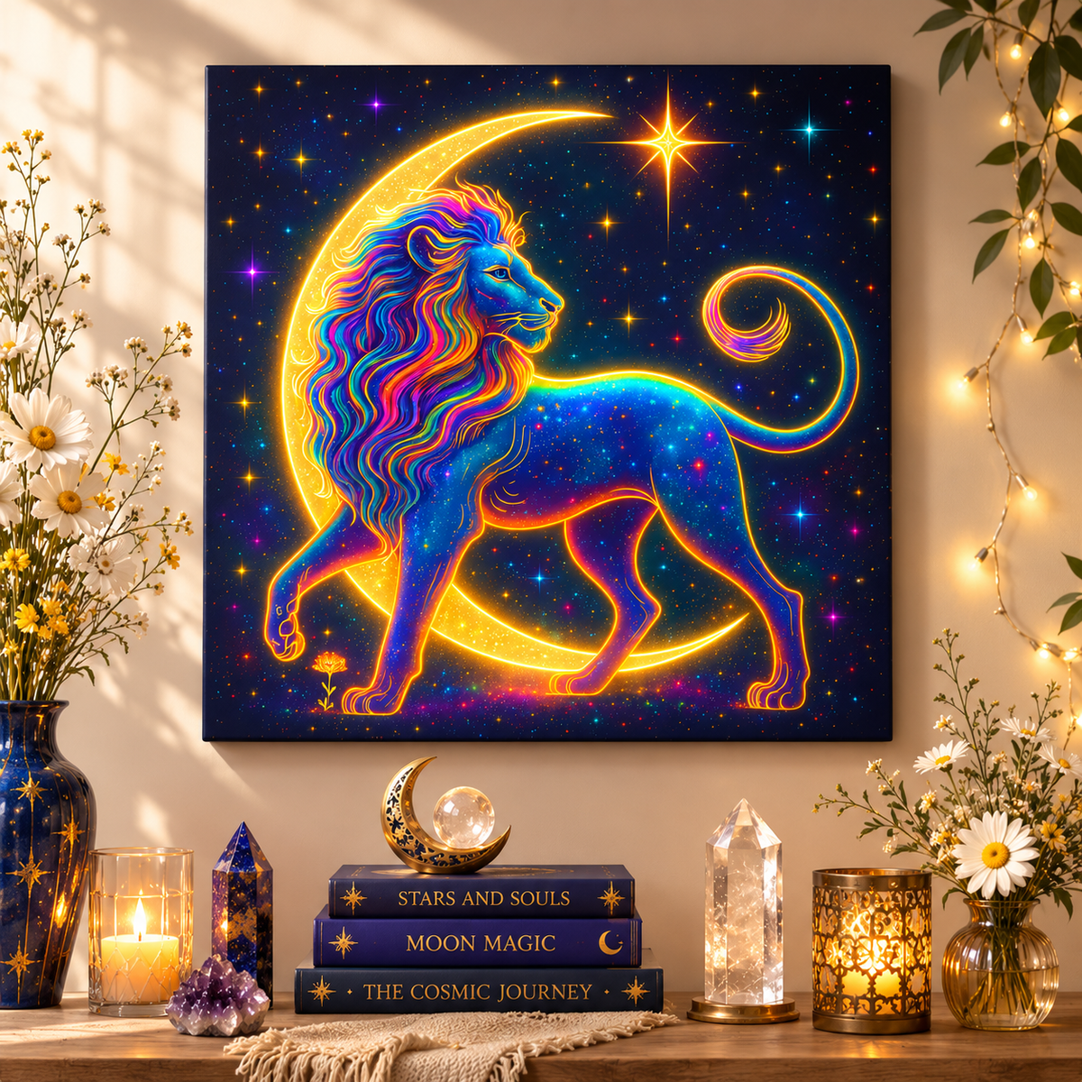 Radiant Rainbow Lion – Celestial Canvas Wall Art (Leo Inspired)