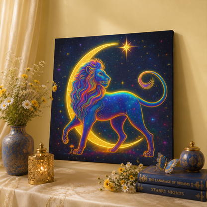 Radiant Rainbow Lion – Celestial Canvas Wall Art (Leo Inspired)