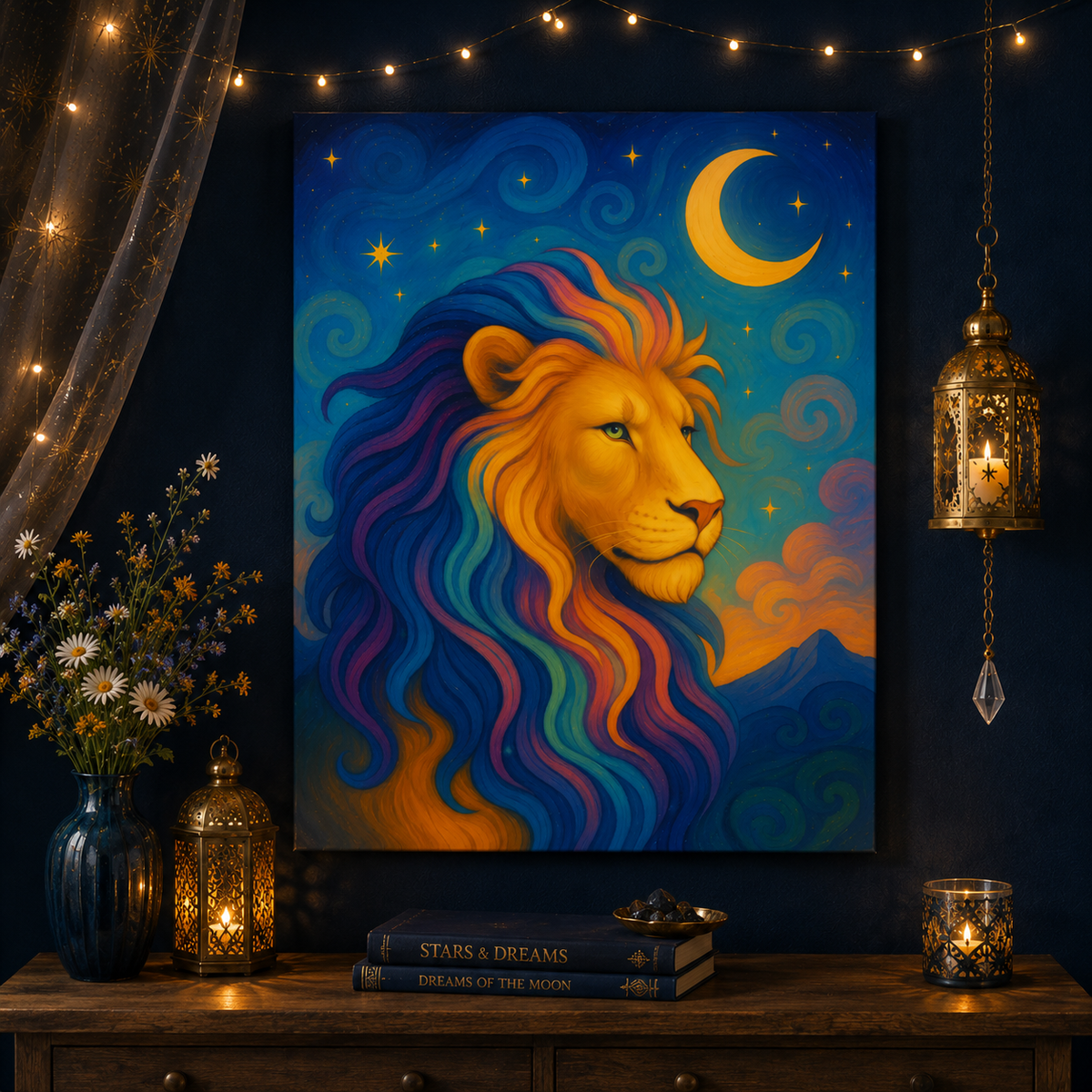 Moonlit Majesty – Luminous Lion | Canvas Wall Art (Leo Inspired)