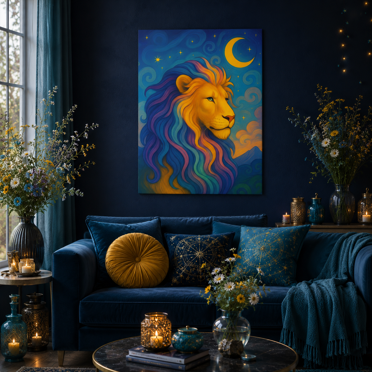 Moonlit Majesty – Luminous Lion | Canvas Wall Art (Leo Inspired)