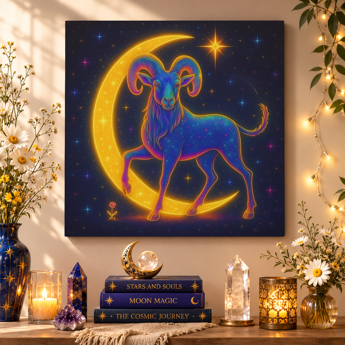 Radiant Rainbow Bull – Celestial Canvas Wall Art (Taurus Inspired)
