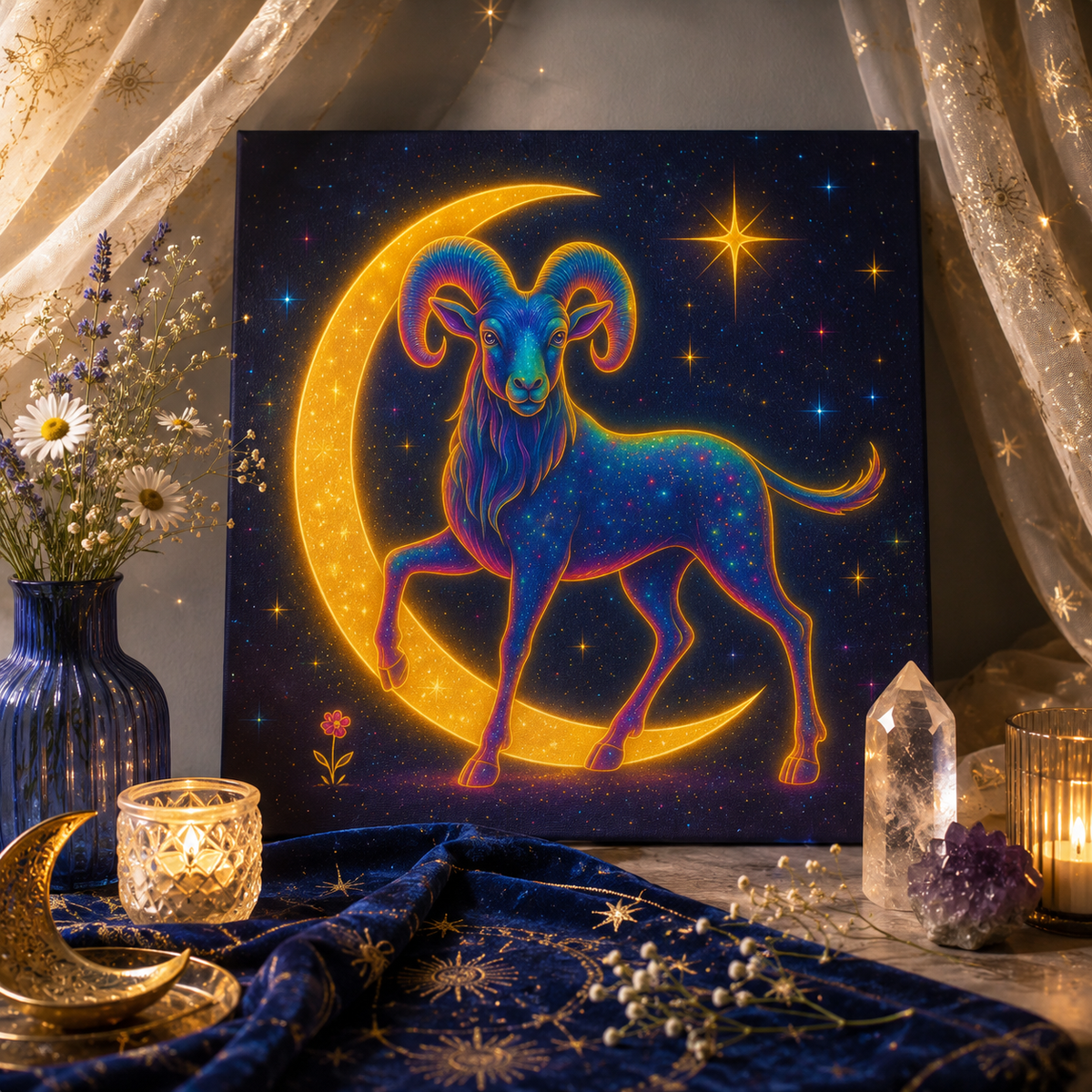 Radiant Rainbow Bull – Celestial Canvas Wall Art (Taurus Inspired)