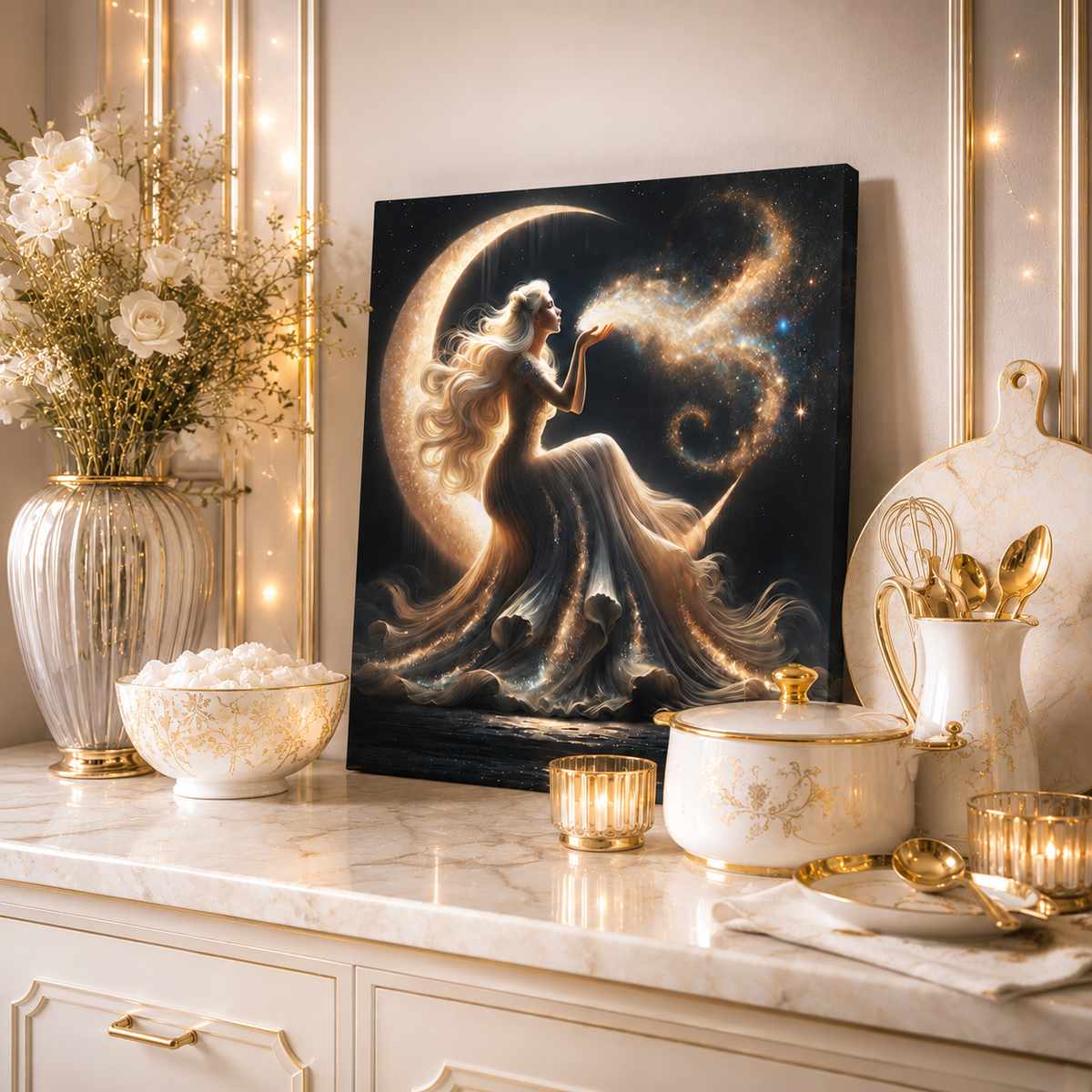 Stardust Wishes – Glamorous Moon Goddess Canvas Wall Art (Art Nouveau Inspired)