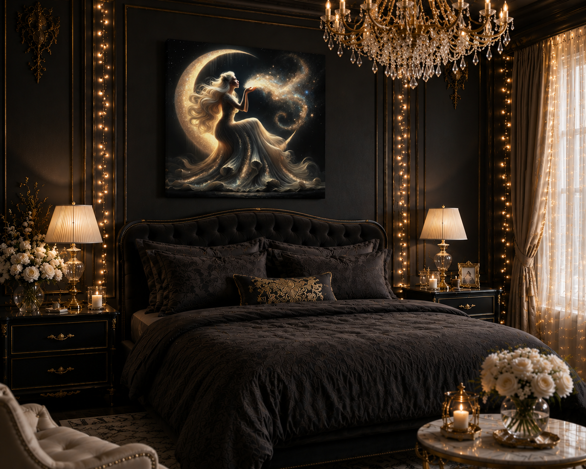 Stardust Wishes – Glamorous Moon Goddess Canvas Wall Art (Art Nouveau Inspired)