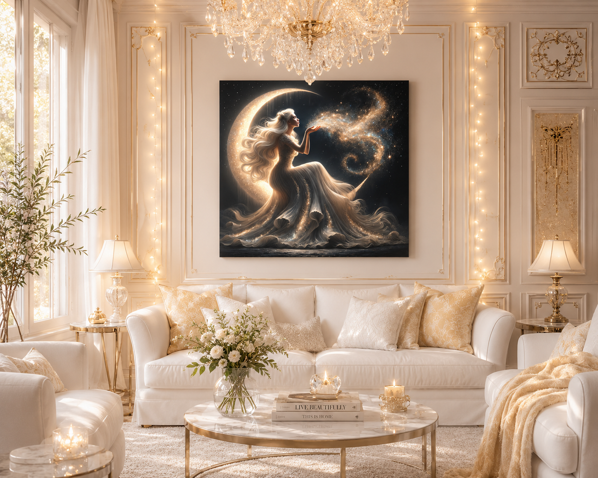Stardust Wishes – Glamorous Moon Goddess Canvas Wall Art (Art Nouveau Inspired)