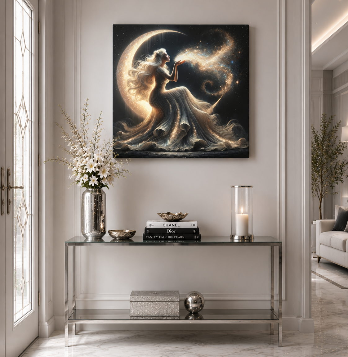Stardust Wishes – Glamorous Moon Goddess Canvas Wall Art (Art Nouveau Inspired)