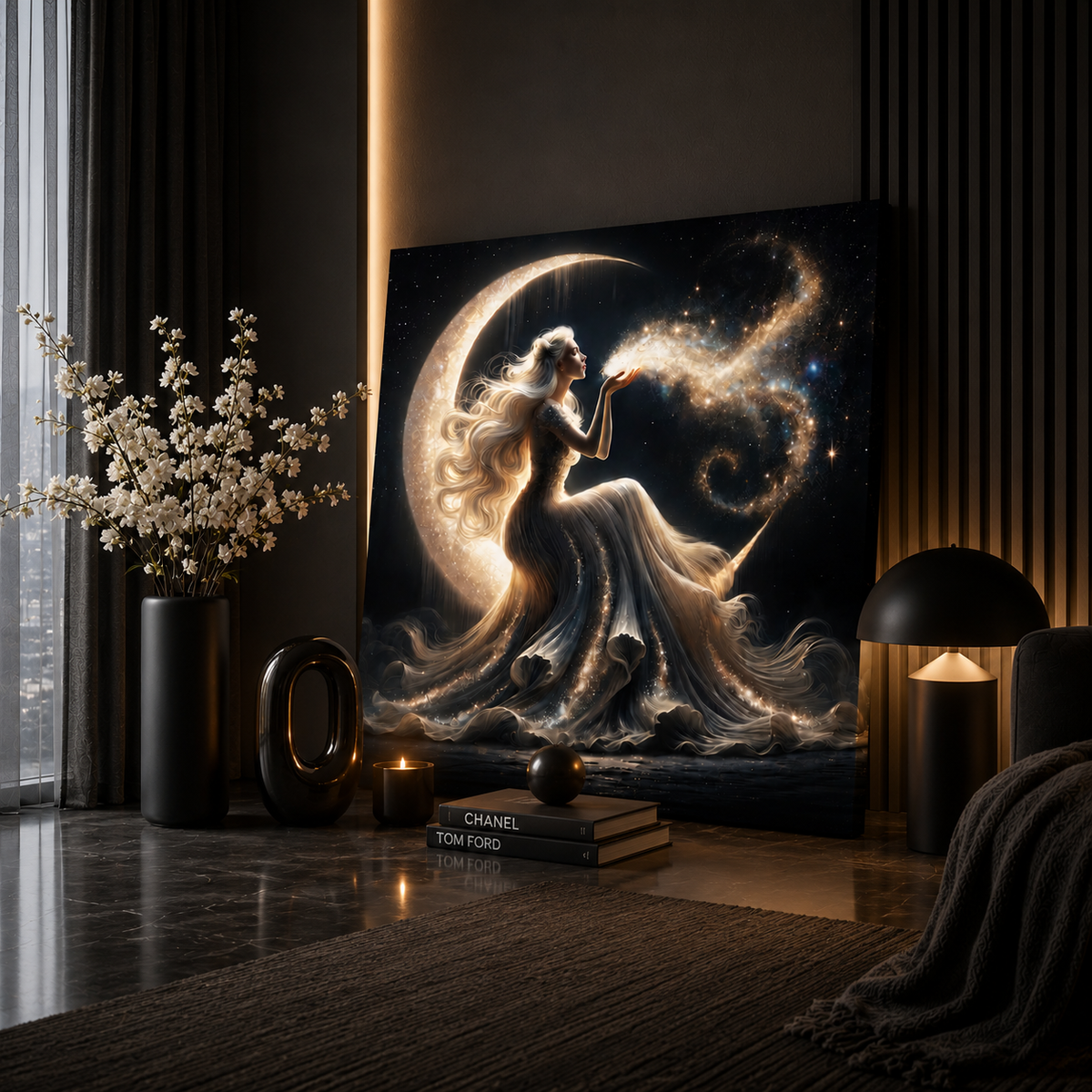 Stardust Wishes – Glamorous Moon Goddess Canvas Wall Art (Art Nouveau Inspired)
