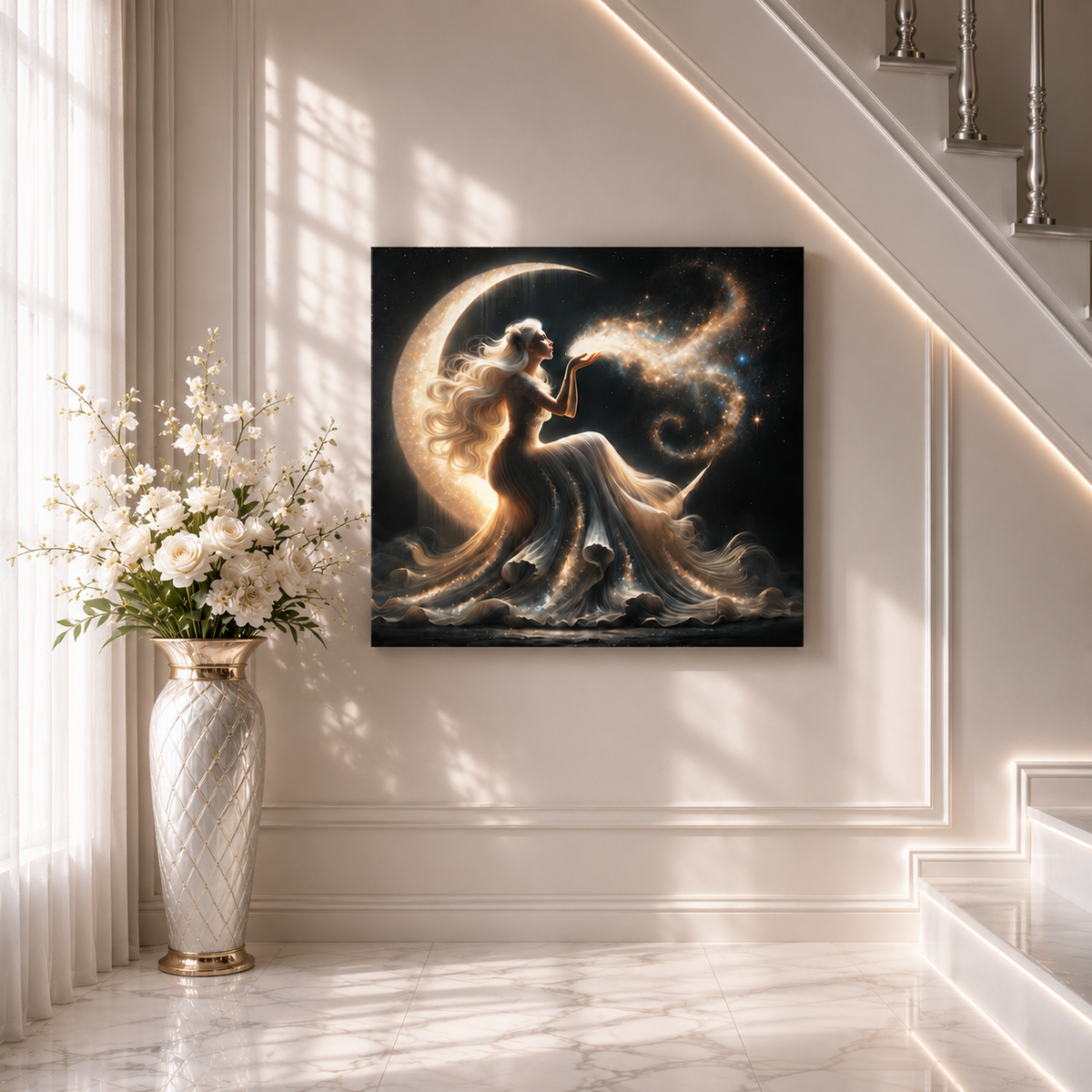 Stardust Wishes – Glamorous Moon Goddess Canvas Wall Art (Art Nouveau Inspired)