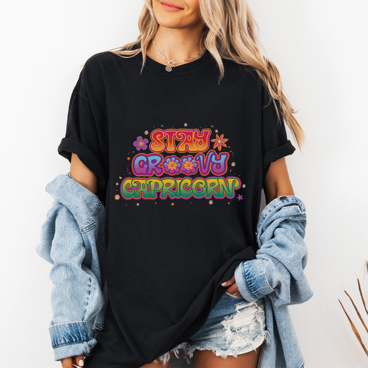 Stay Groovy Capricorn – Retro Flower Power Zodiac Tee