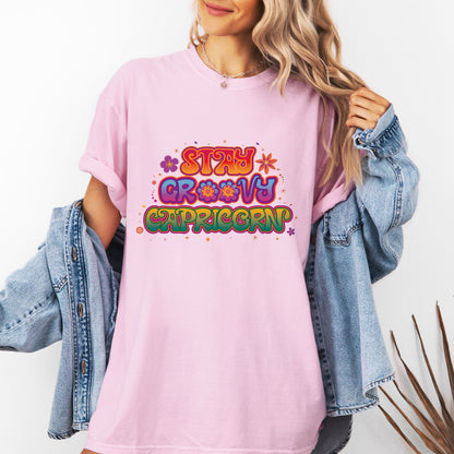 Stay Groovy Capricorn – Retro Flower Power Zodiac Tee