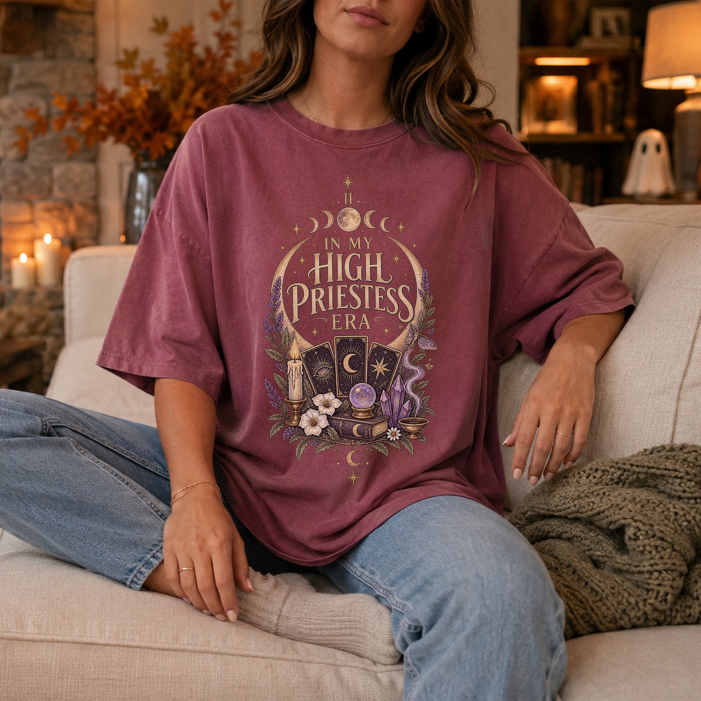 High Priestess Altar Boho Unisex T-shirt | Moon Phases, Crystals, Tarot