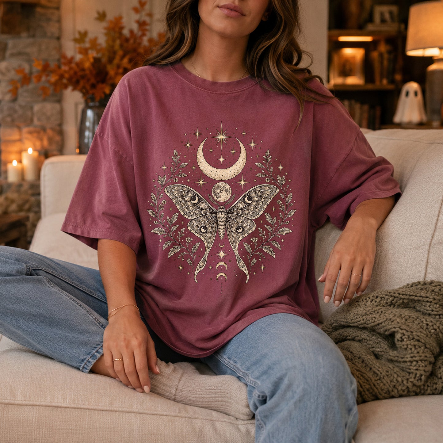 Mystic Moth Crescent Moon Unisex T-shirt | Whimsigoth Clothing Celestial Botanical Graphic