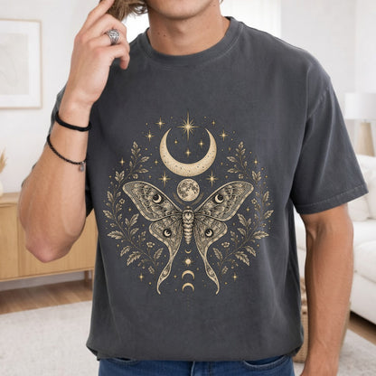 Mystic Moth Crescent Moon Unisex T-shirt | Whimsigoth Clothing Celestial Botanical Graphic