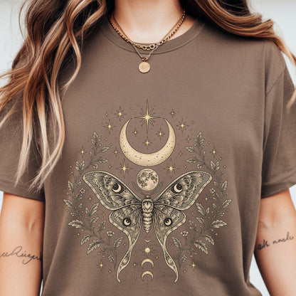 Mystic Moth Crescent Moon Unisex T-shirt | Whimsigoth Clothing Celestial Botanical Graphic