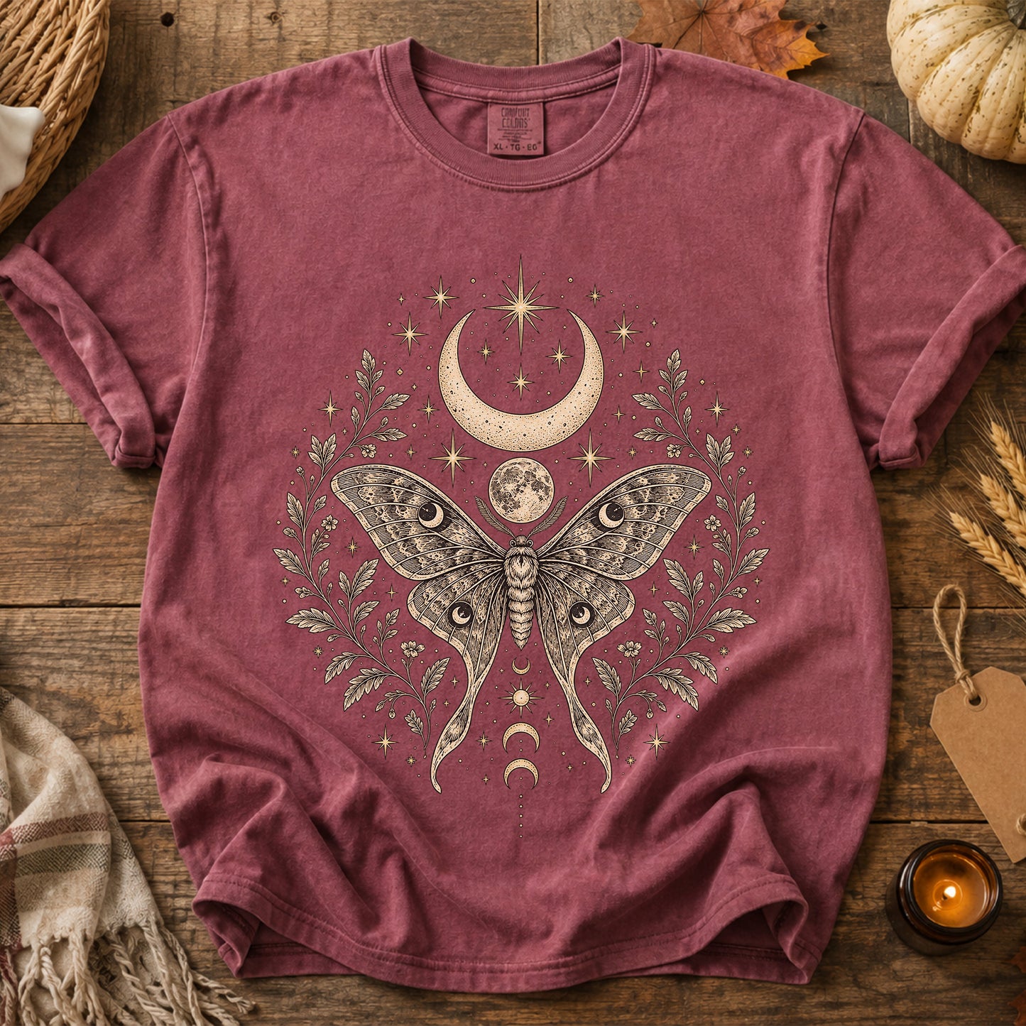 Mystic Moth Crescent Moon Unisex T-shirt | Whimsigoth Clothing Celestial Botanical Graphic