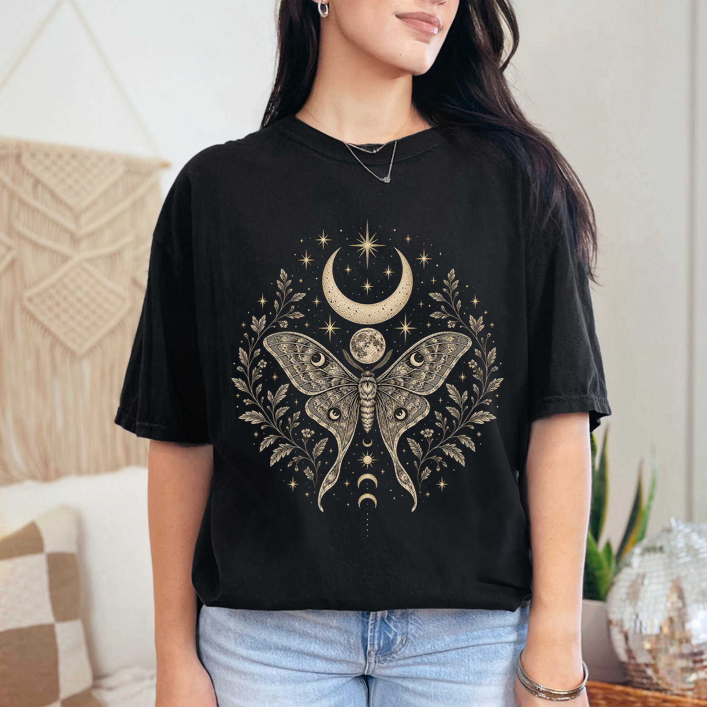 Mystic Moth Crescent Moon Unisex T-shirt | Whimsigoth Clothing Celestial Botanical Graphic