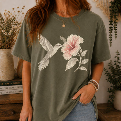 Vintage Hummingbird & Hibiscus Floral T-Shirt