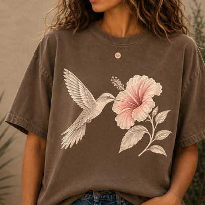 Vintage Hummingbird & Hibiscus Floral T-Shirt