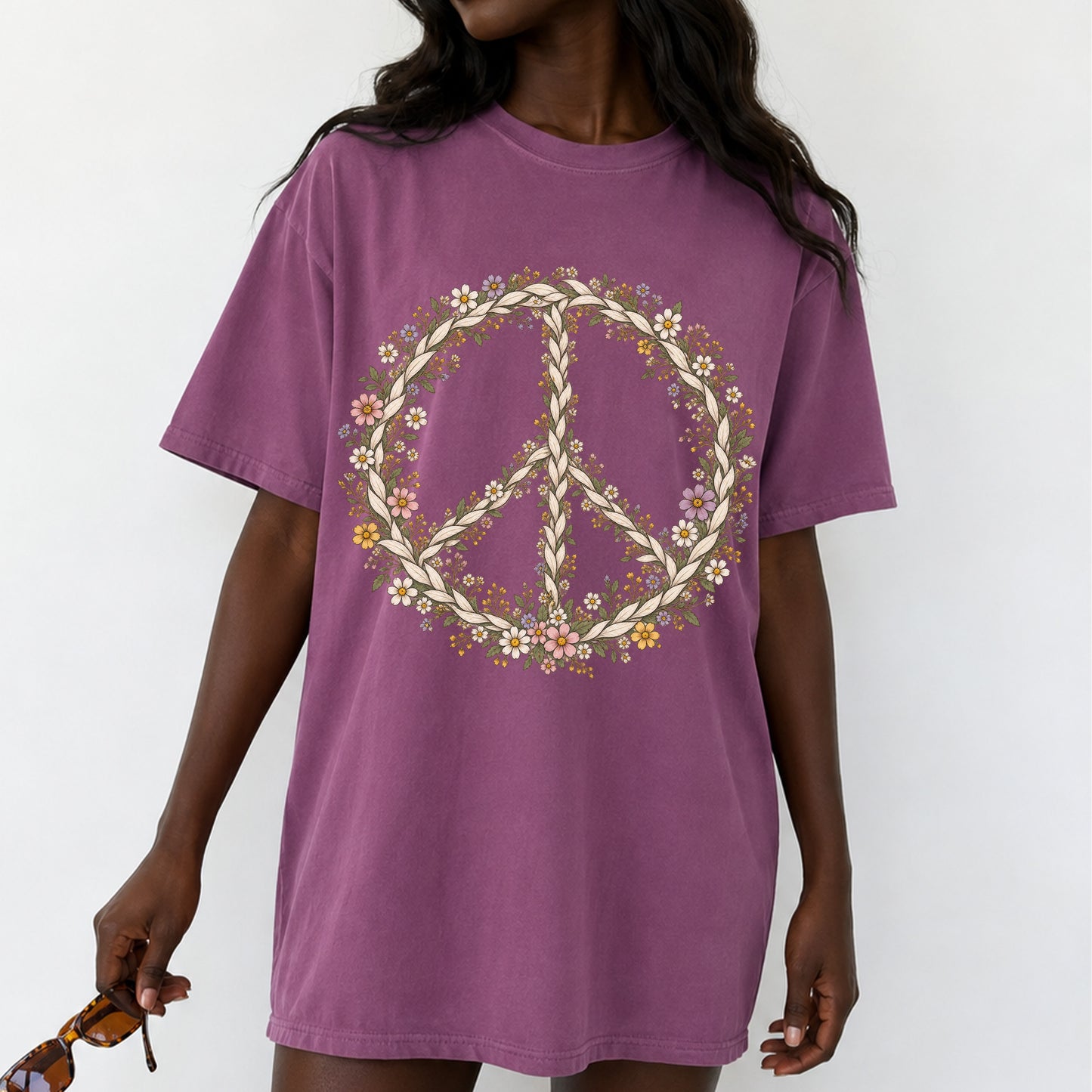 Boho Vintage Wildflower Peace Sign T-Shirt