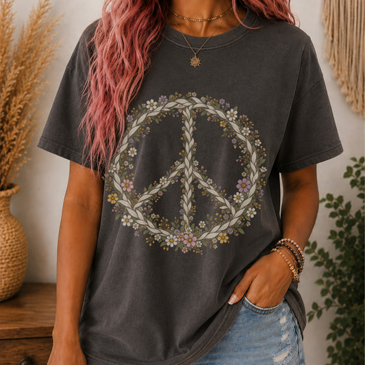 Boho Vintage Wildflower Peace Sign T-Shirt