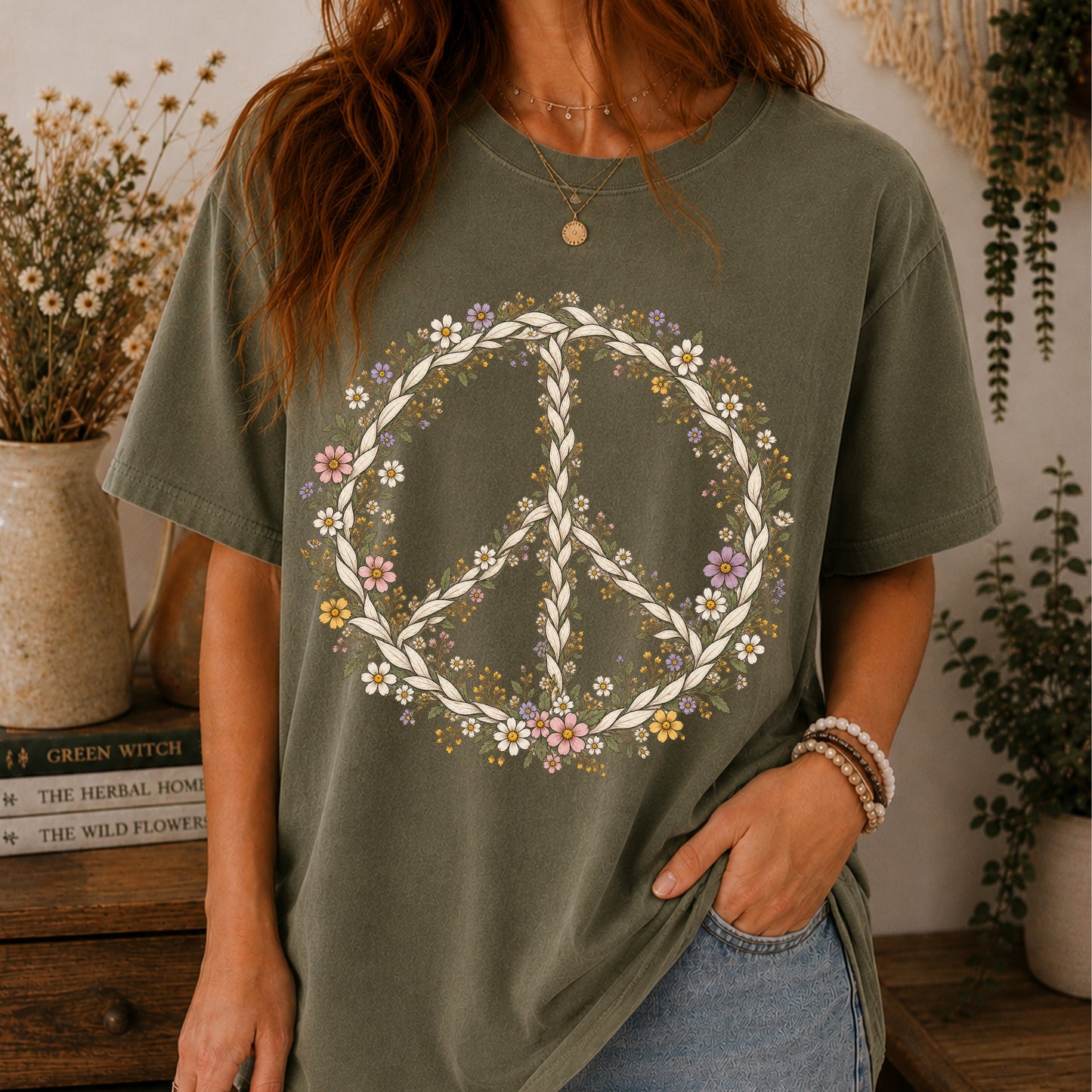 Boho Vintage Wildflower Peace Sign T-Shirt