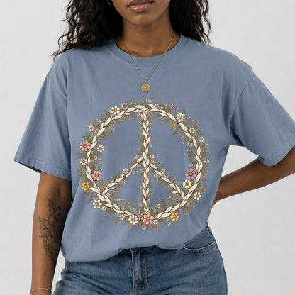 Boho Vintage Wildflower Peace Sign T-Shirt