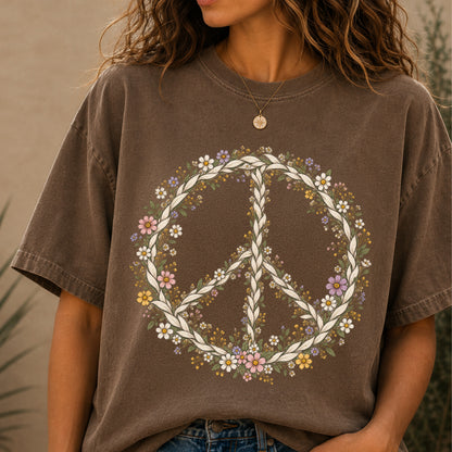 Boho Vintage Wildflower Peace Sign T-Shirt