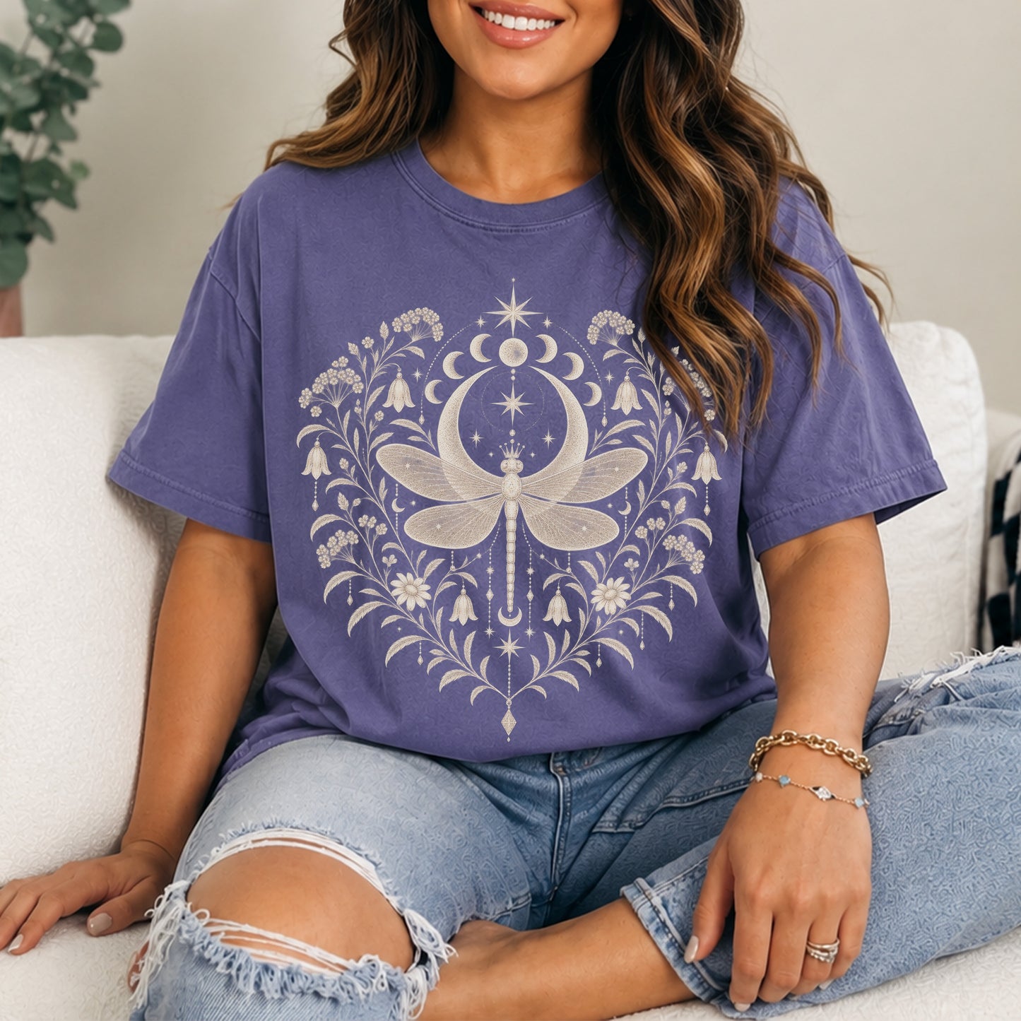 Boho Moon & Floral Mystic Dragonfly T-Shirt