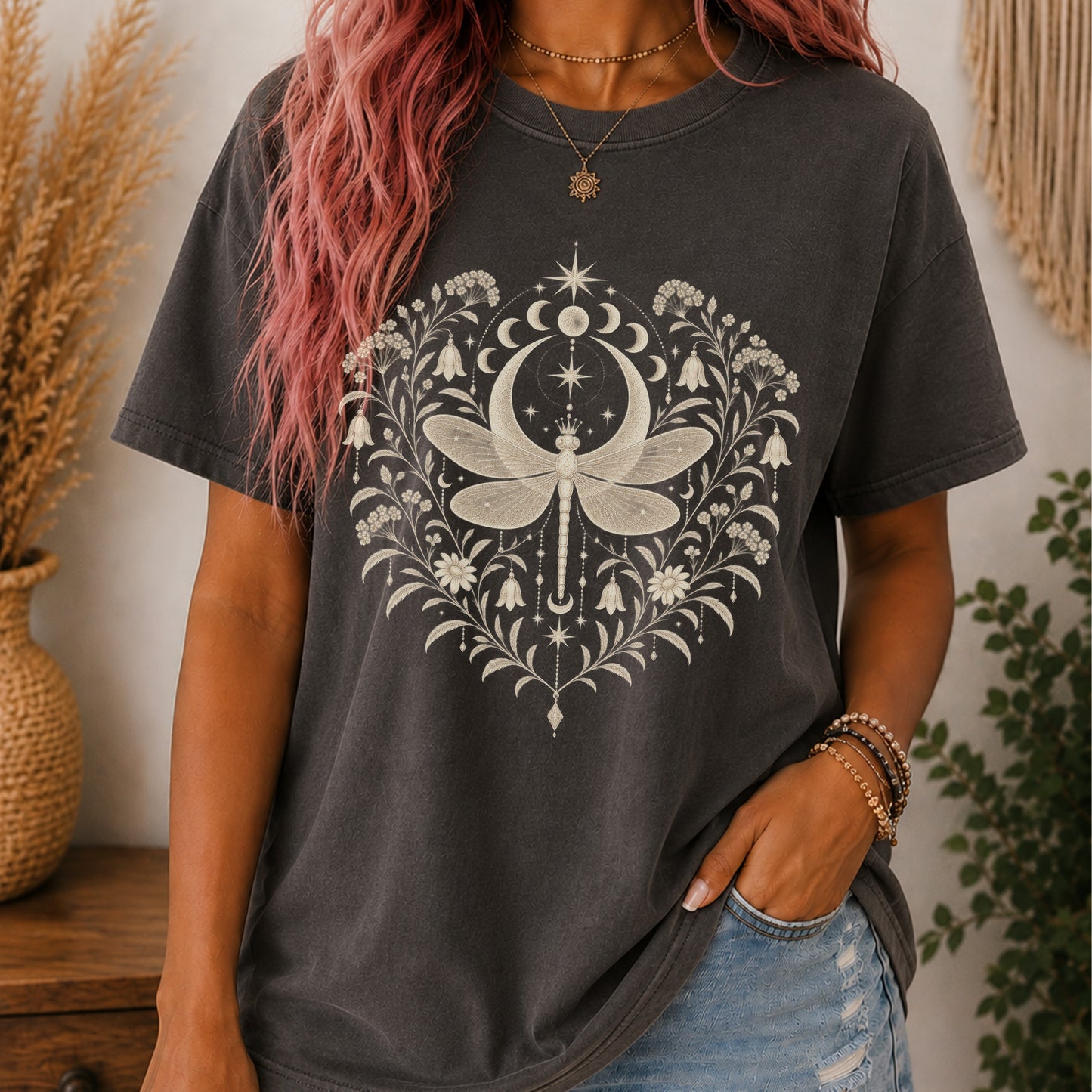Boho Moon & Floral Mystic Dragonfly T-Shirt
