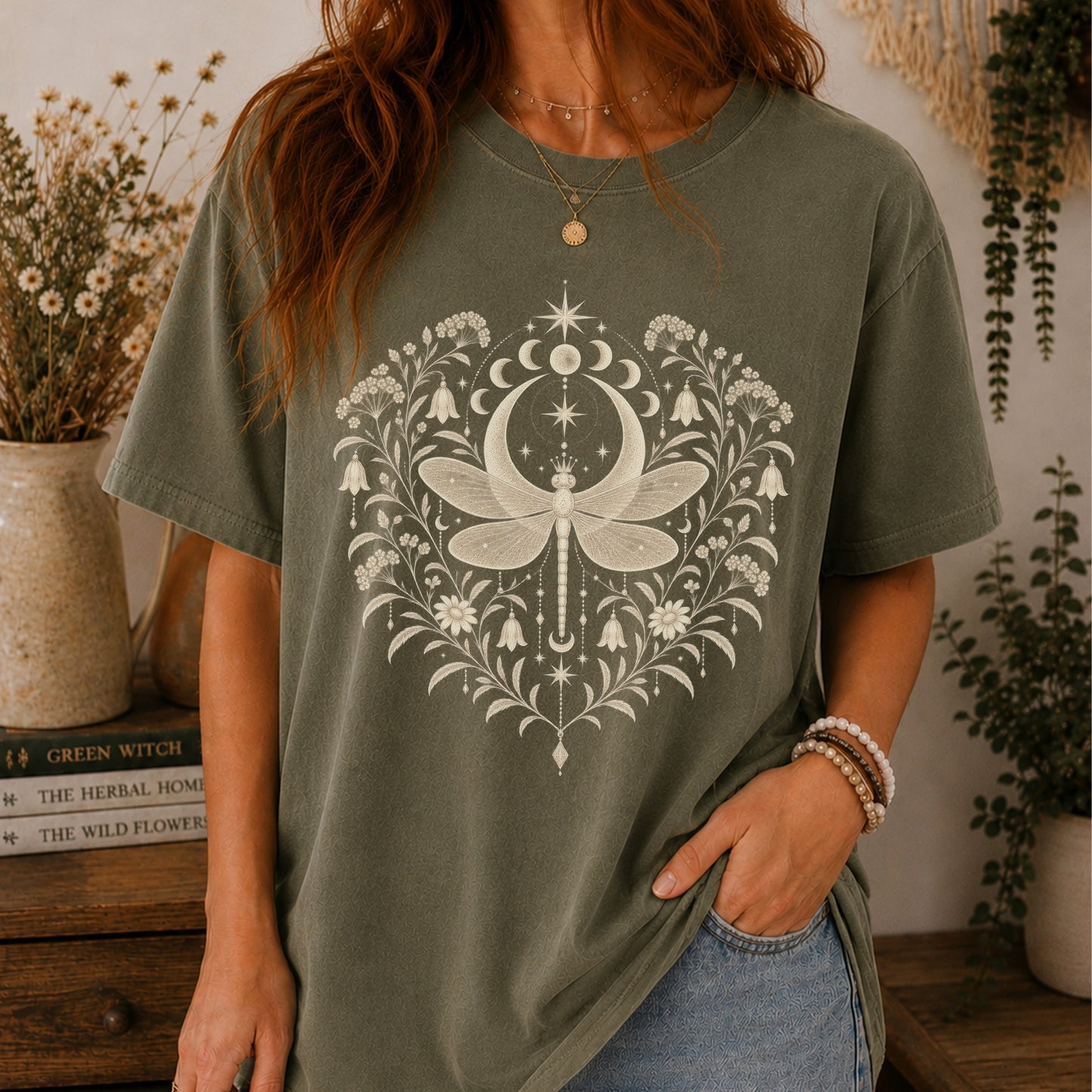Boho Moon & Floral Mystic Dragonfly T-Shirt