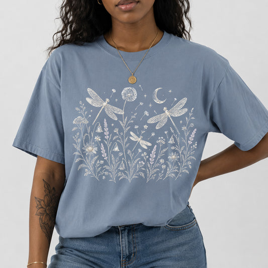 Boho Floral Night Sky Dragonfly Meadow T-Shirt