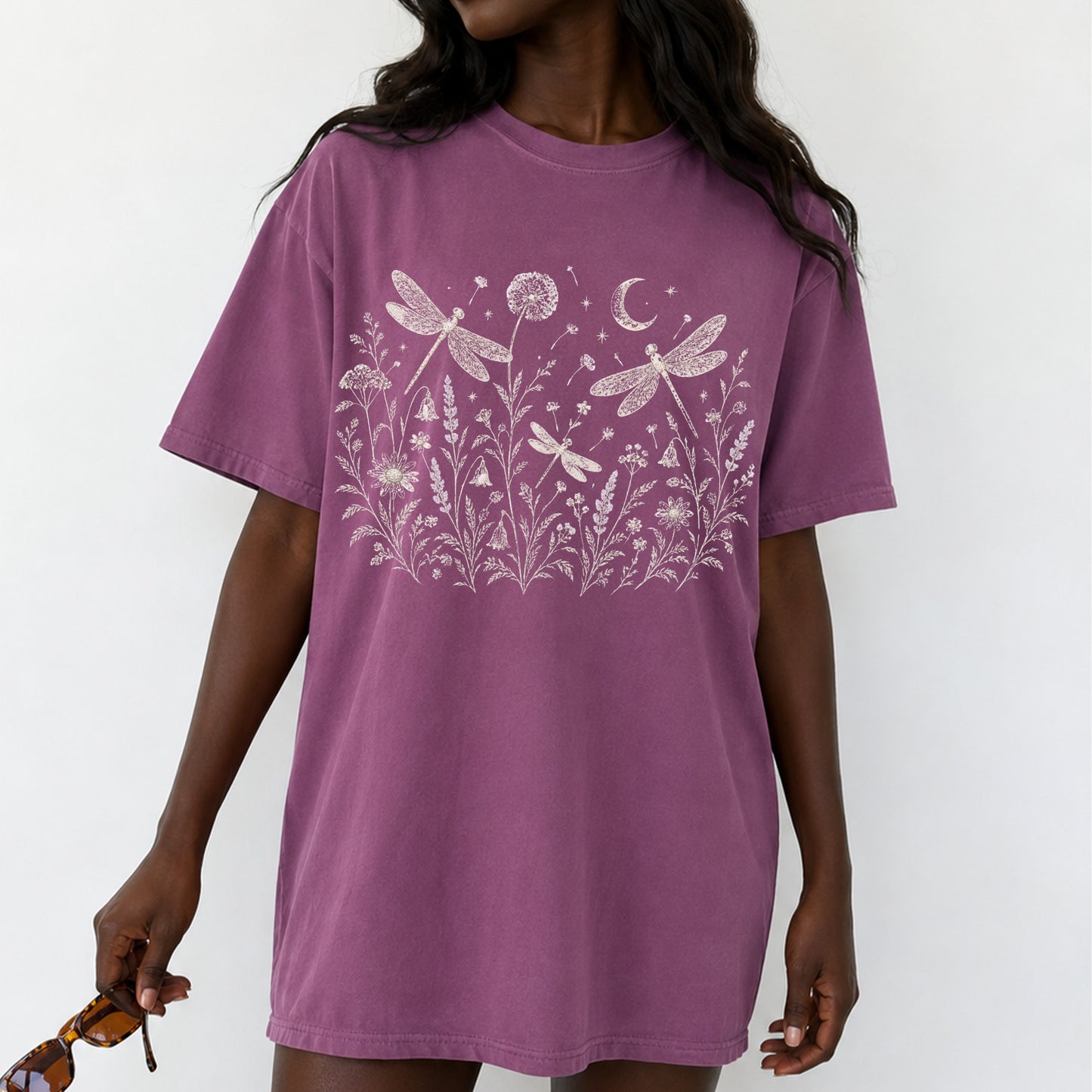 Boho Floral Night Sky Dragonfly Meadow T-Shirt