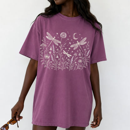Boho Floral Night Sky Dragonfly Meadow T-Shirt