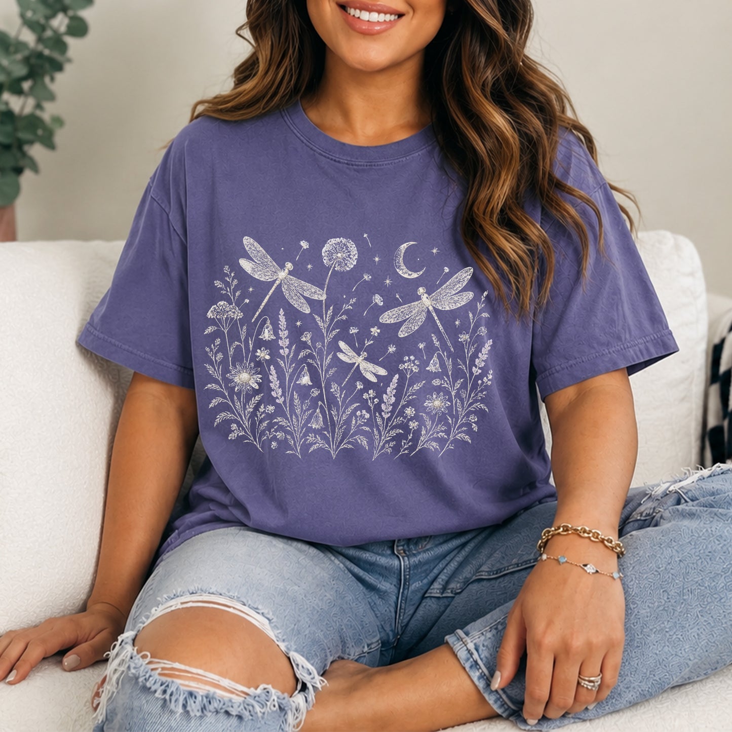 Boho Floral Night Sky Dragonfly Meadow T-Shirt