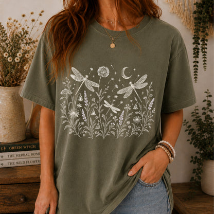 Boho Floral Night Sky Dragonfly Meadow T-Shirt