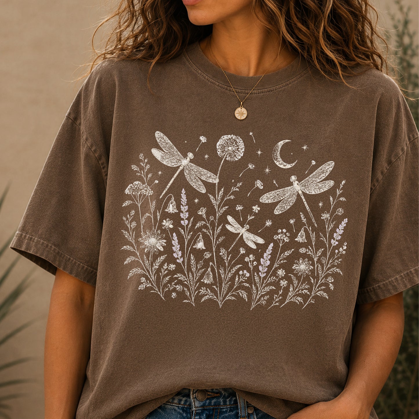 Boho Floral Night Sky Dragonfly Meadow T-Shirt