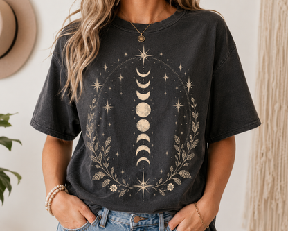 Vintage Celestial Crescent Moon and Stars T-Shirt