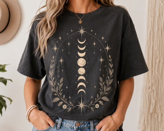 Vintage Celestial Crescent Moon and Stars T-Shirt