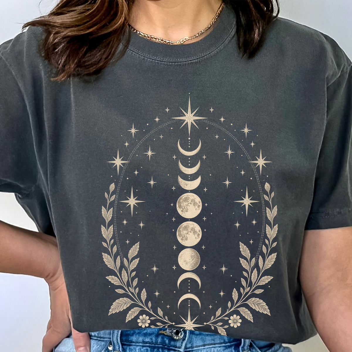 Vintage Celestial Crescent Moon and Stars T-Shirt