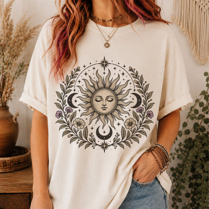 Boho Spiritual Sun and Floral Hippie Unisex T-Shirt