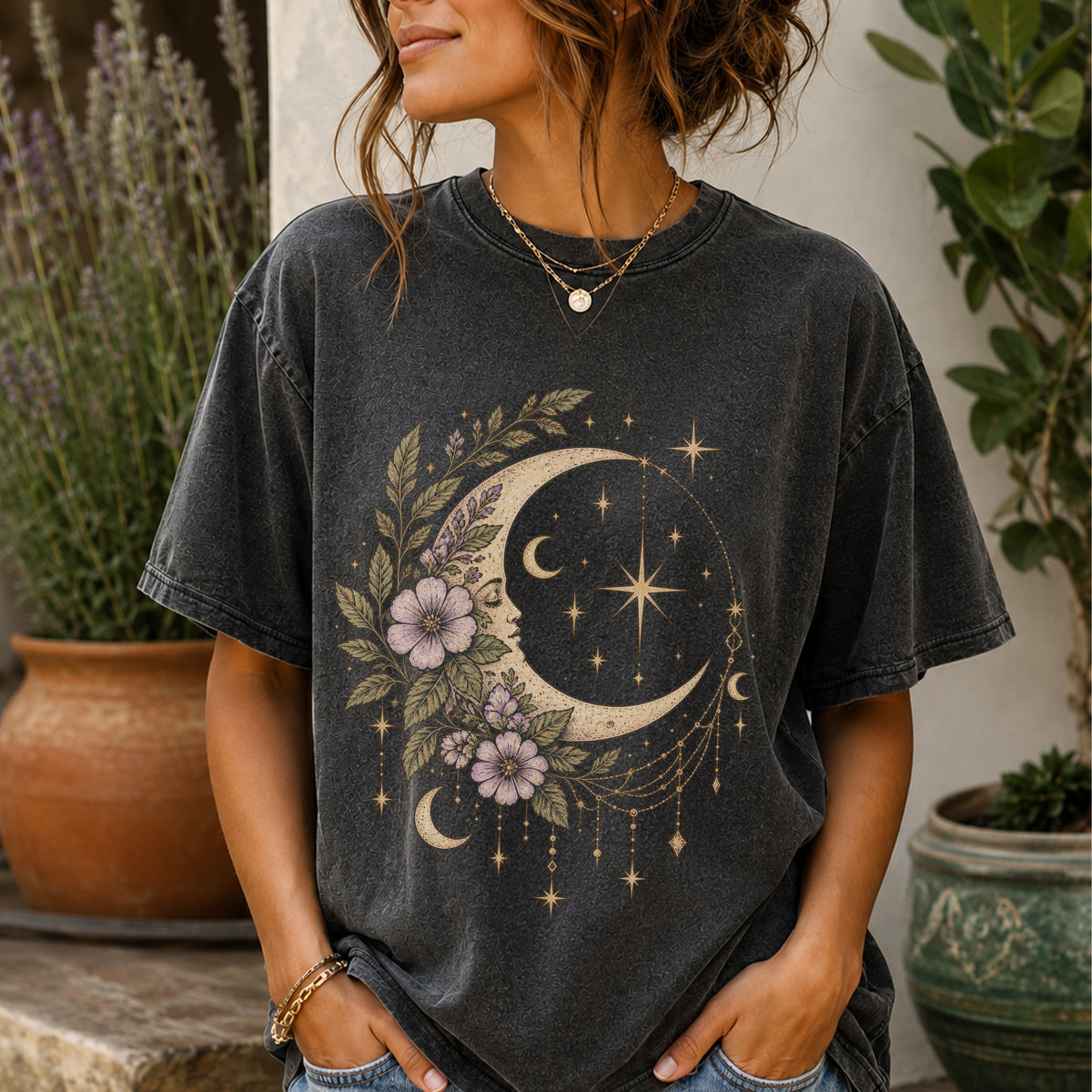 Vintage Night Sky Floral Crescent Moon Unisex T-Shirt