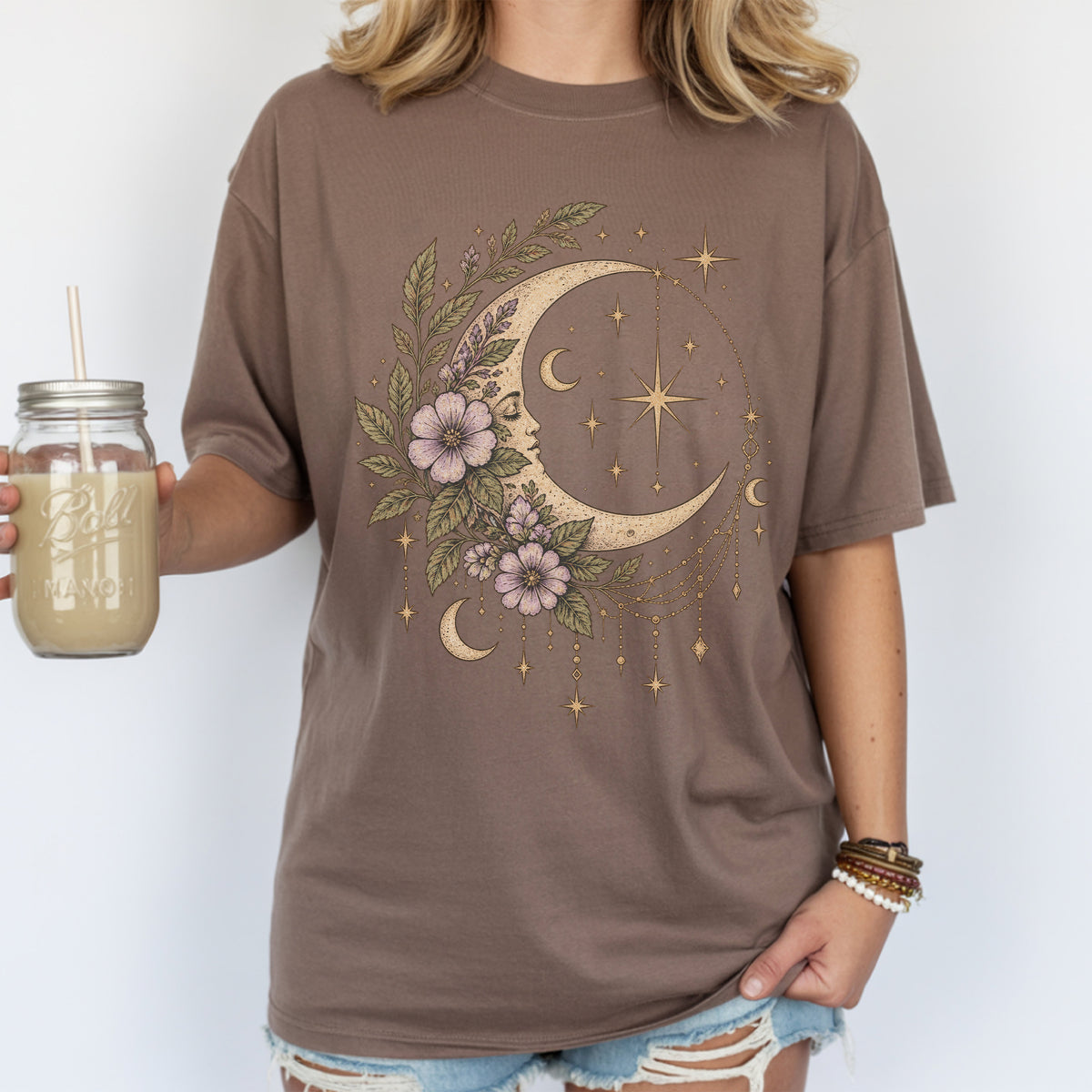 Vintage Night Sky Floral Crescent Moon Unisex T-Shirt
