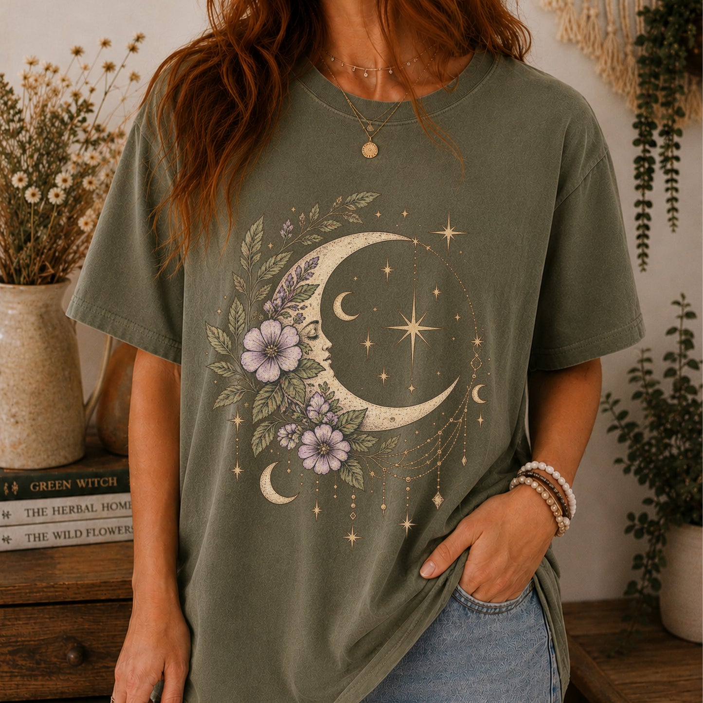 Vintage Night Sky Floral Crescent Moon Unisex T-Shirt