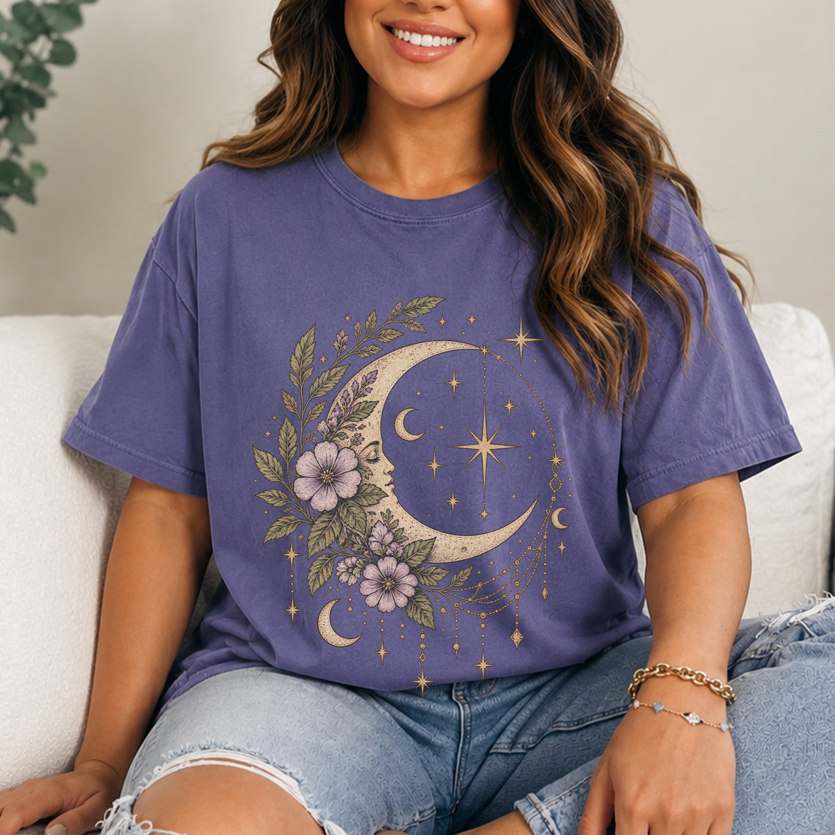 Vintage Night Sky Floral Crescent Moon Unisex T-Shirt