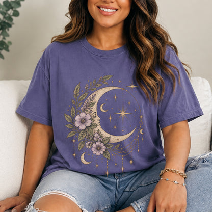 Vintage Night Sky Floral Crescent Moon Unisex T-Shirt