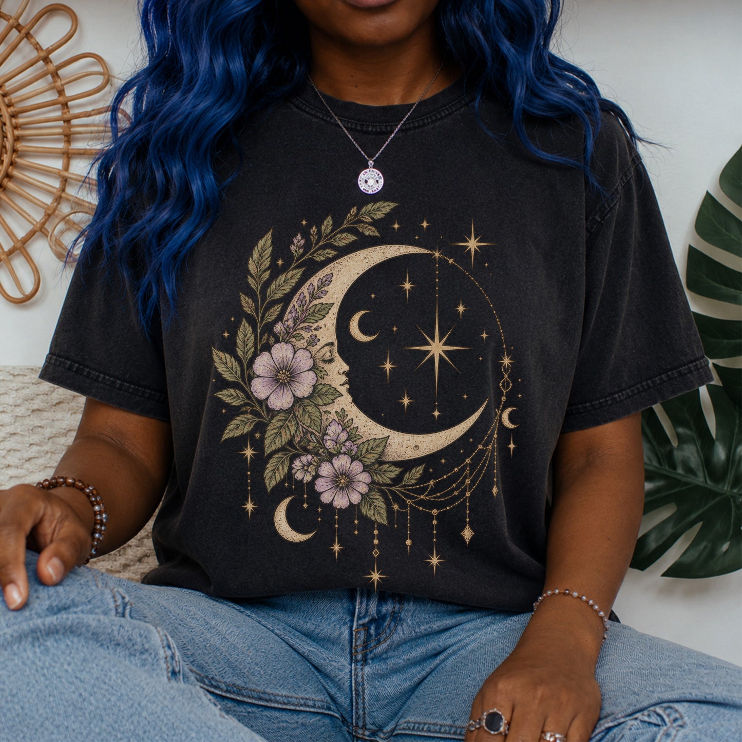 Vintage Night Sky Floral Crescent Moon Unisex T-Shirt